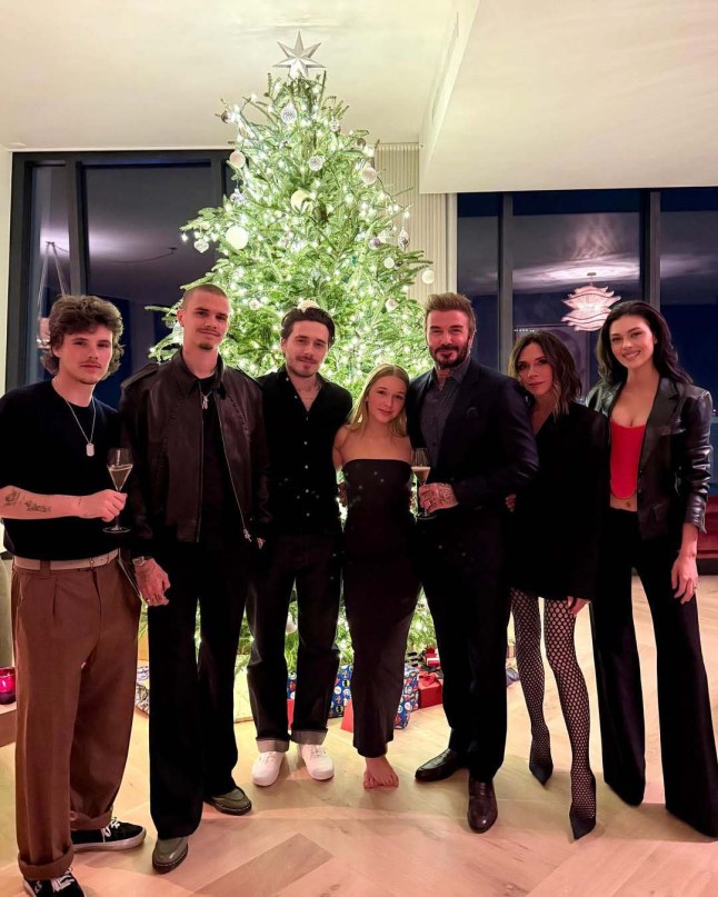 The Beckham family in front of their Christmas tree
