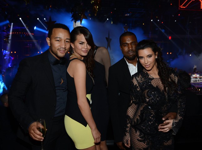 LAS VEGAS, NV - DECEMBER 31: (Exclusive Coverage) John Legend, Chrissy Teigen, Kanye West and Kim Kardashian celebrate New Year's Eve at 1 OAK Nightclub at The Mirage Hotel & Casino on December 31, 2012 in Las Vegas, Nevada. (Photo by Denise Truscello/WireImage)